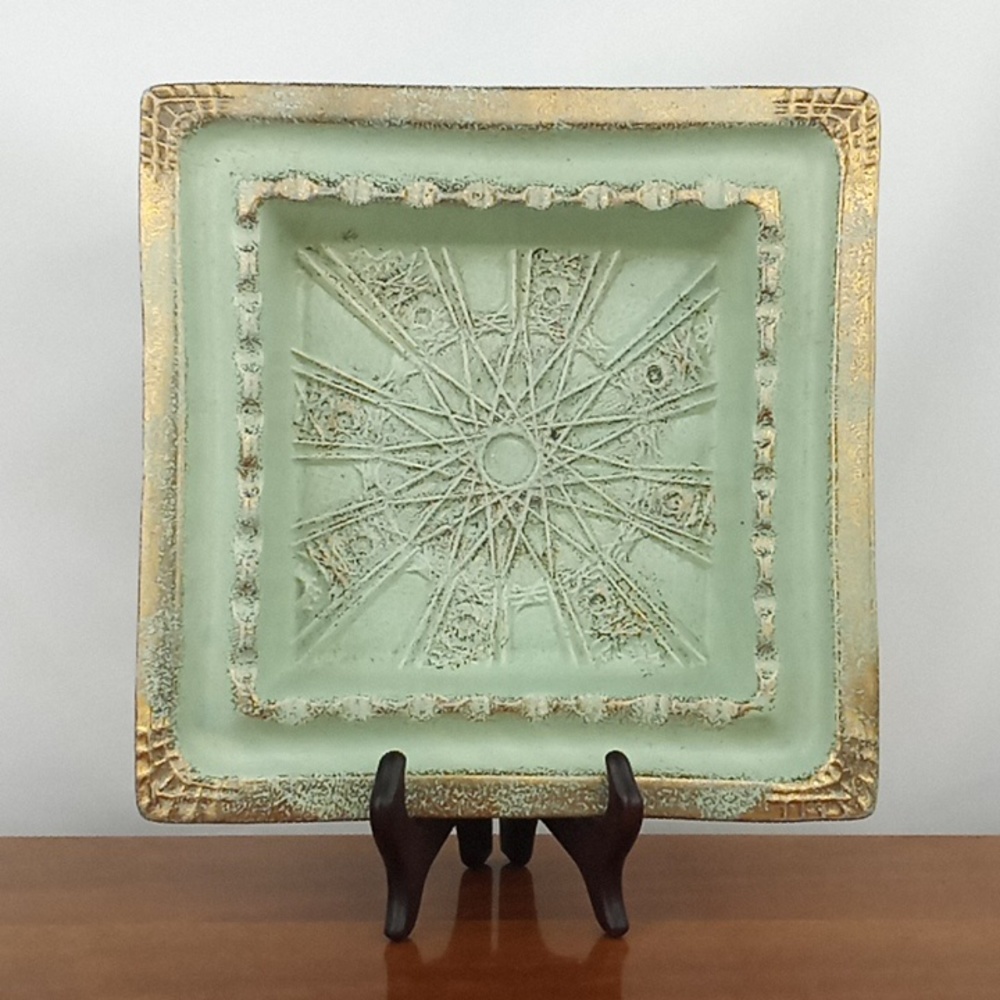 Vintage MCM California pottery ashtray pastel green and gold